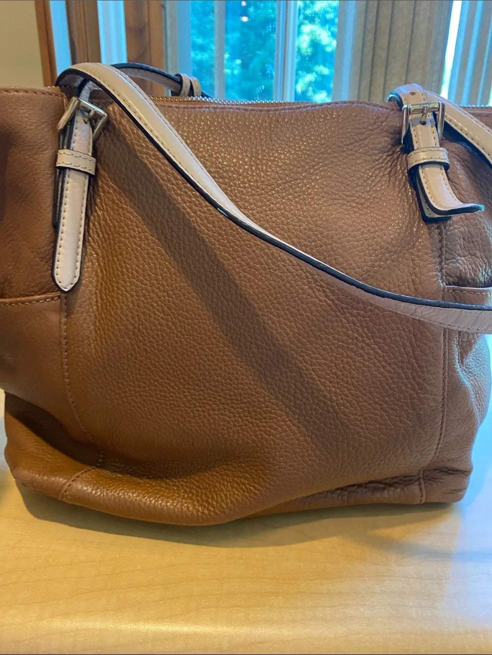 Michael Kors Tan Brown Pebbled Leather Tote with Gold MK Charm